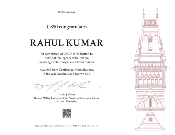 CS50's Introduction to Artificial Intelligence with Python certificate