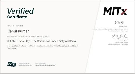 MIT 6.431x, Probability: the Science of Uncertainty and Data certificate