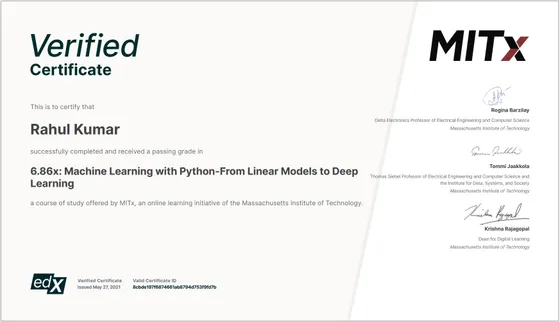 MIT 6.86x, Machine Learning with Python: from Linear Models to Deep Learning certificate