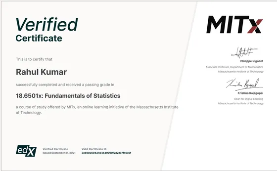 MIT 18.6501x, Fundamentals of Statistics certificate