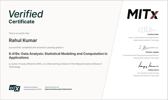 MIT 6.419x, Data Analysis: Statistical Modeling and Computation in Applications certificate