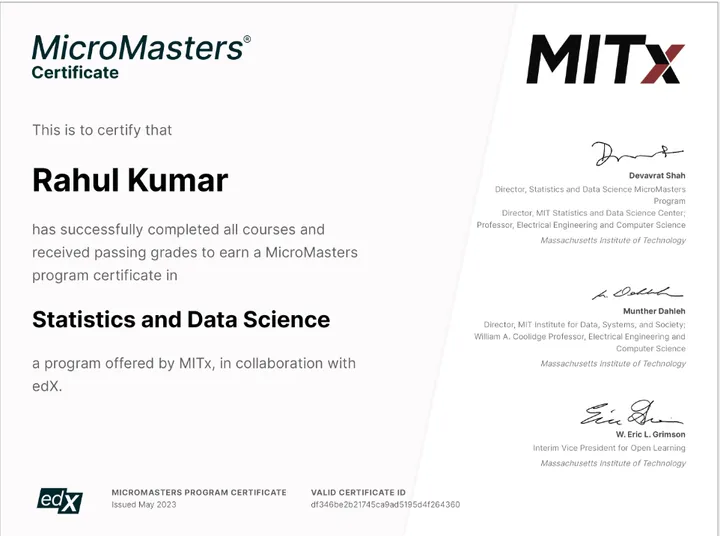 MicroMasters in Statistics and Data Science, MITx certificate